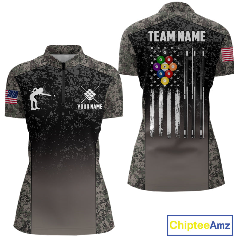 Custom Vintage Camo US Flag 9 Ball Pool Shirt, Patriotic Billiard Jersey Polo & 1/4 Zip