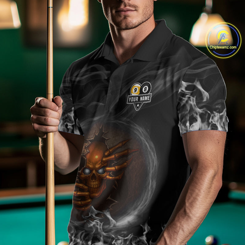 Funny Skull Billiard 8 Ball & 9 Ball Pool Shirt Custom Grey Flaming Billiard Team Jersey