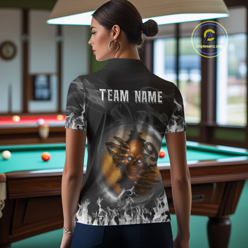 Funny Skull Billiard 8 Ball & 9 Ball Pool Shirt Custom Grey Flaming Billiard Team Jersey