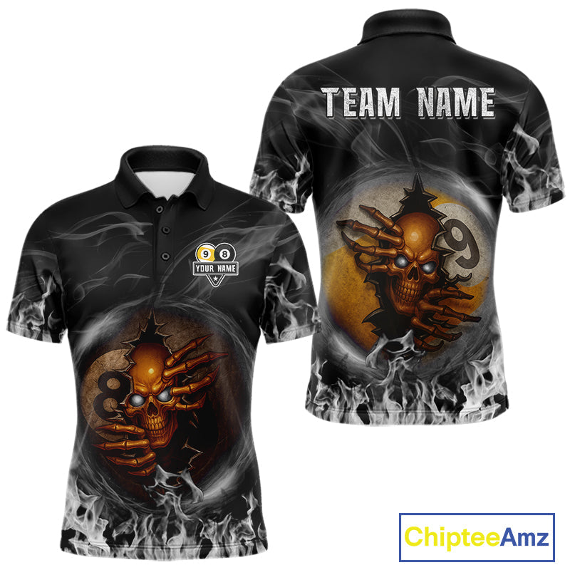 Funny Skull Billiard 8 Ball & 9 Ball Pool Shirt Custom Grey Flaming Billiard Team Jersey