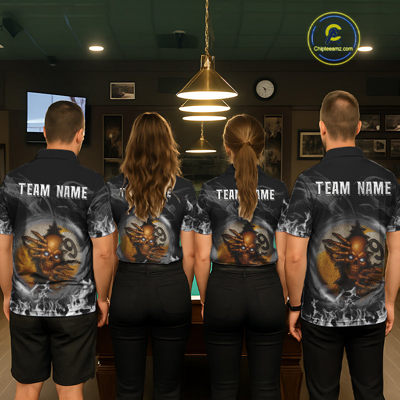 Funny Skull Billiard 8 Ball & 9 Ball Pool Shirt Custom Grey Flaming Billiard Team Jersey