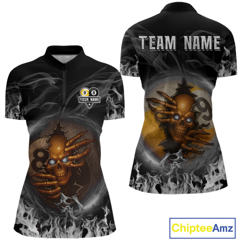 Funny Skull Billiard 8 Ball & 9 Ball Pool Shirt Custom Grey Flaming Billiard Team Jersey