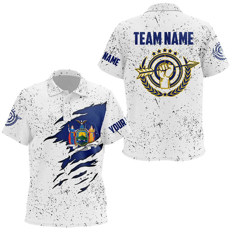 Personalized Grunge New York Archery Polo Shirts, Patriotic New York Flag Shirts For Archers