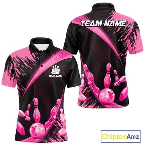 Personalized Pink And Black Bowling Polo, Quarter Zip Shirts Custom Bowling Team Jersey