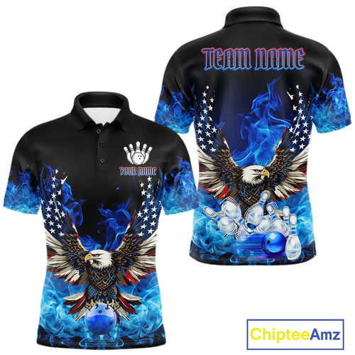 Blue Flaming American Flag Eagle Bowling Shirts Custom Patriotic Bowling Team Jersey