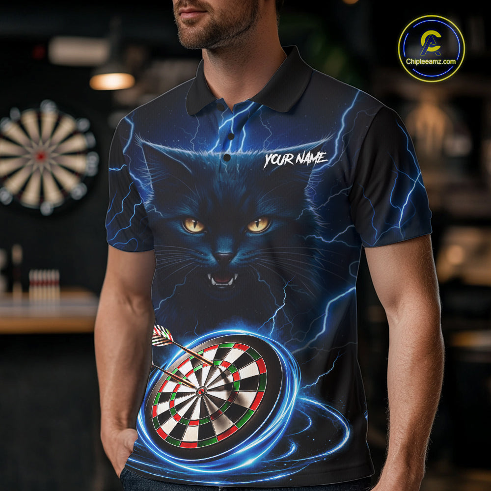 Blue Dartboard Thunder Lightning Cat Darts Shirt Custom Darts Team Jersey Polo & 1/4 Zip