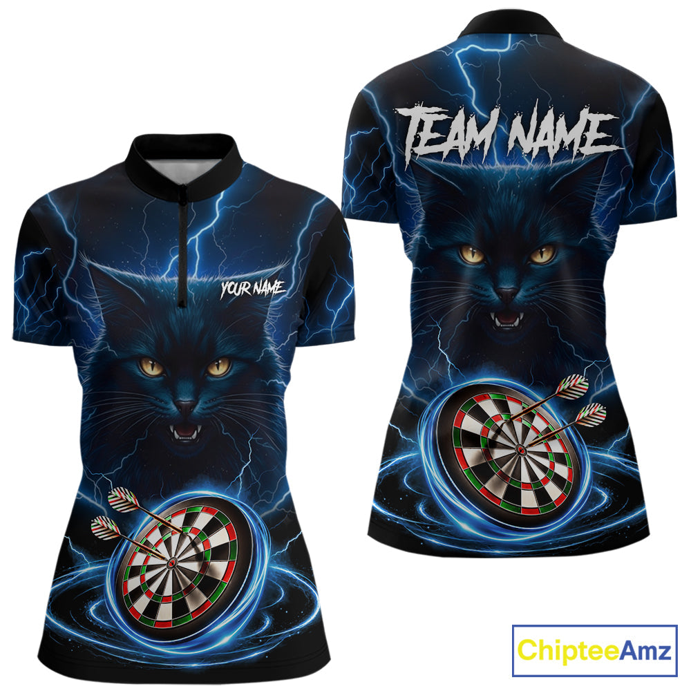 Blue Dartboard Thunder Lightning Cat Darts Shirt Custom Darts Team Jersey Polo & 1/4 Zip