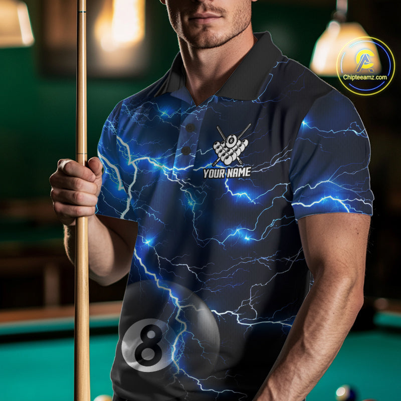Blue 8 Ball Pool Lightning Thunder Billiard Jersey Custom Pool Team Shirts Polo & 1/4 Zip