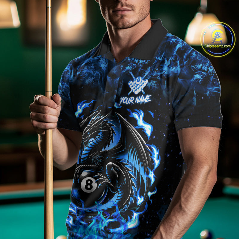 Black And Blue Flaming Dragon 8 Ball Billiard Pool Shirts Custom Billiard Team Jersey