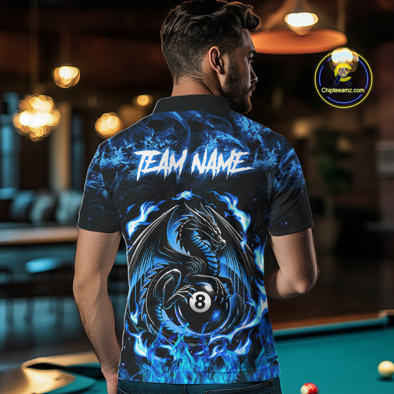 Black And Blue Flaming Dragon 8 Ball Billiard Pool Shirts Custom Billiard Team Jersey