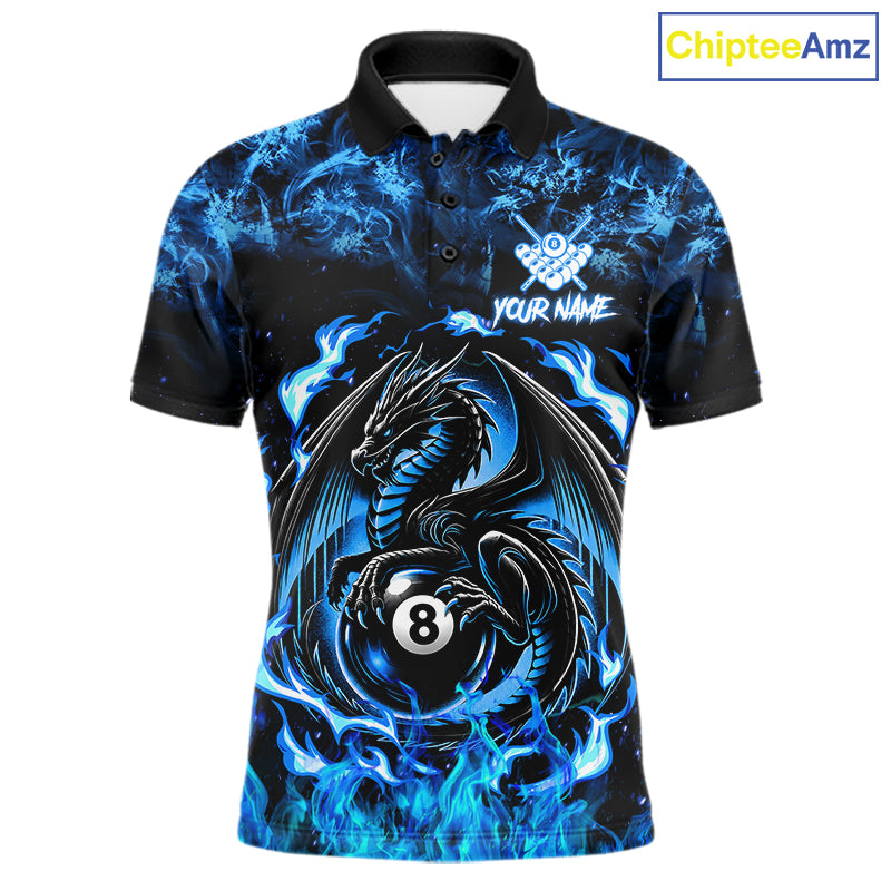 Black And Blue Flaming Dragon 8 Ball Billiard Pool Shirts Custom Billiard Team Jersey