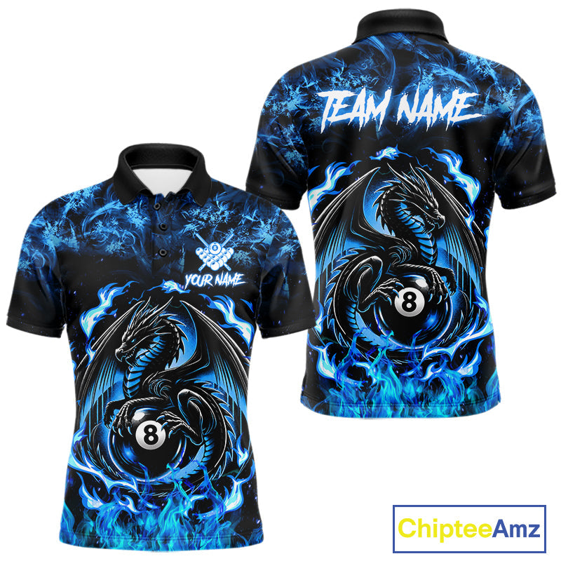 Black And Blue Flaming Dragon 8 Ball Billiard Pool Shirts Custom Billiard Team Jersey