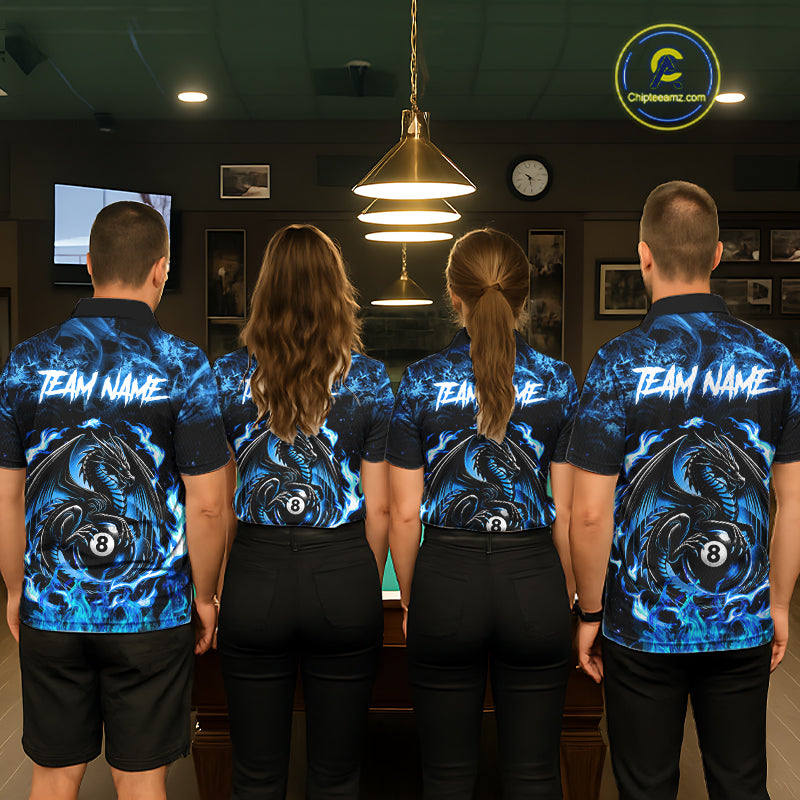 Black And Blue Flaming Dragon 8 Ball Billiard Pool Shirts Custom Billiard Team Jersey