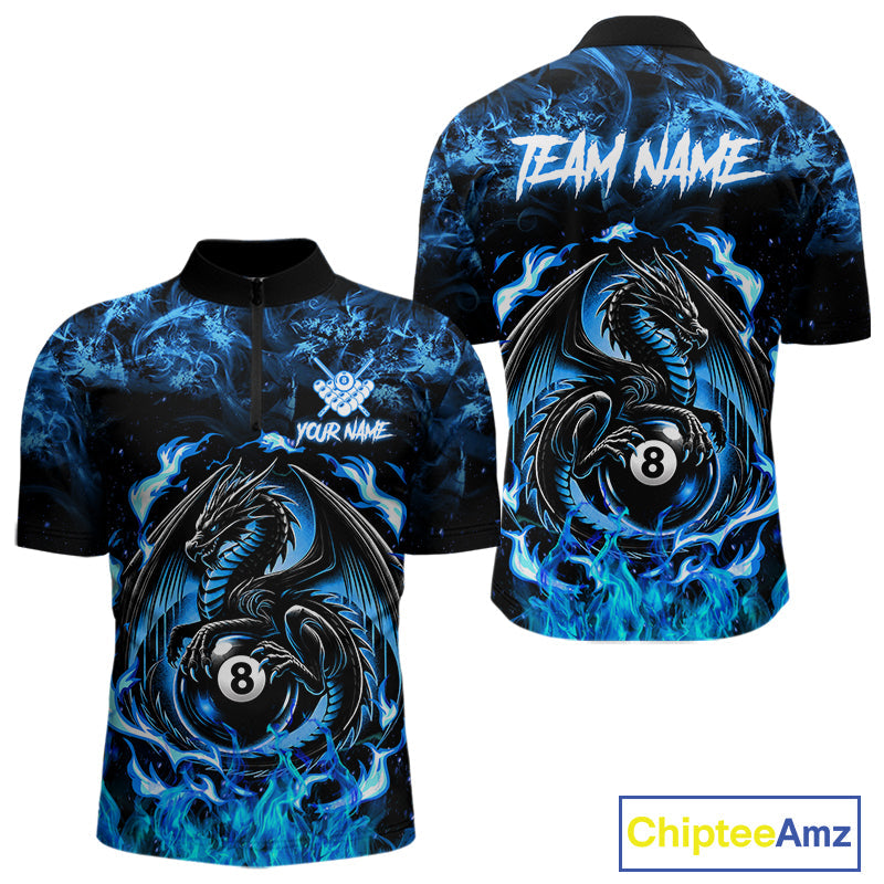 Black And Blue Flaming Dragon 8 Ball Billiard Pool Shirts Custom Billiard Team Jersey