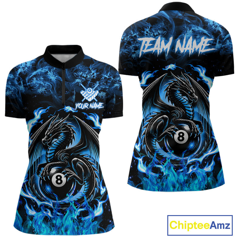 Black And Blue Flaming Dragon 8 Ball Billiard Pool Shirts Custom Billiard Team Jersey