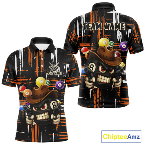 Personalized Orange Grunge Funny 8 Ball Billiard Shirt, Pool Team Jersey Polo & 1/4 Zip