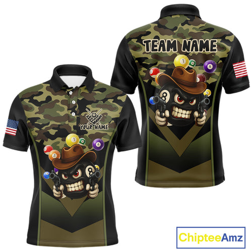 Personalized Green Camo Funny 8 Ball Billiard Shirt Custom Pool Team Jersey Polo & 1/4 Zip