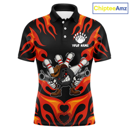 Personalized Orange Funny Flame Bowling Shirt, Fire Bowling Team Jersey Polo & 1/4 Zip