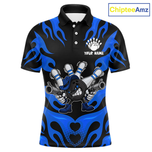 Personalized Blue Funny Flame Bowling Shirt, Fire Bowling Team Jersey Polo & 1/4 Zip