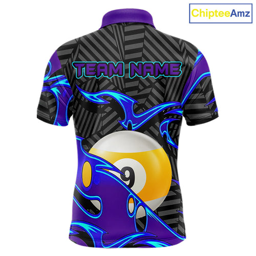 Personalized Blue Purple 9 Ball Pool Billiards Shirts, Billiard Team Jersey Polo &1/4 Zip
