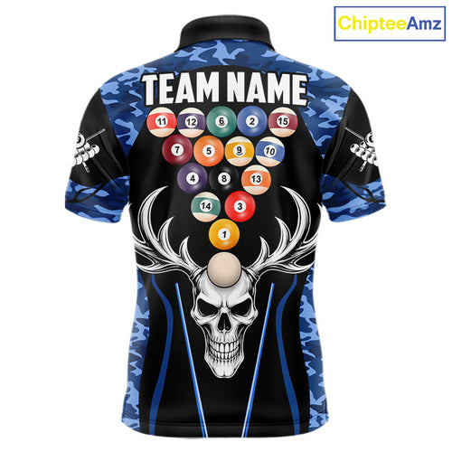 Personalized Blue Camo Skull Billiard Shirt, 8 Ball Billiard Team Jersey Polo & 1/4 Zip