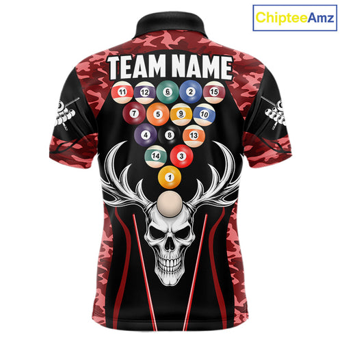 Personalized Red Camo Skull Billiard Shirt, 8 Ball Billiard Team Jersey Polo & 1/4 Zip