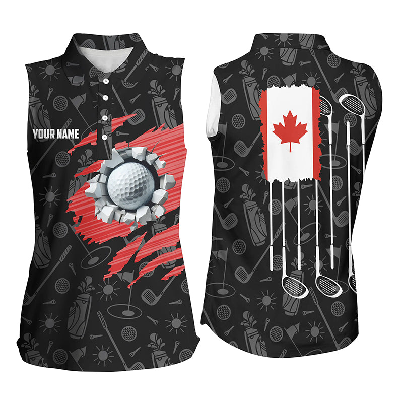 Retro Canada Flag Crack Golf Balls Custom Sleeveless Polo Shirts, Patriotic Golf Shirts
