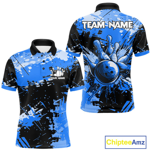 Blue Grunge Paint Splatter Bowling Shirts Custom Bowling League Team Jersey Polo & 1/4 Zip