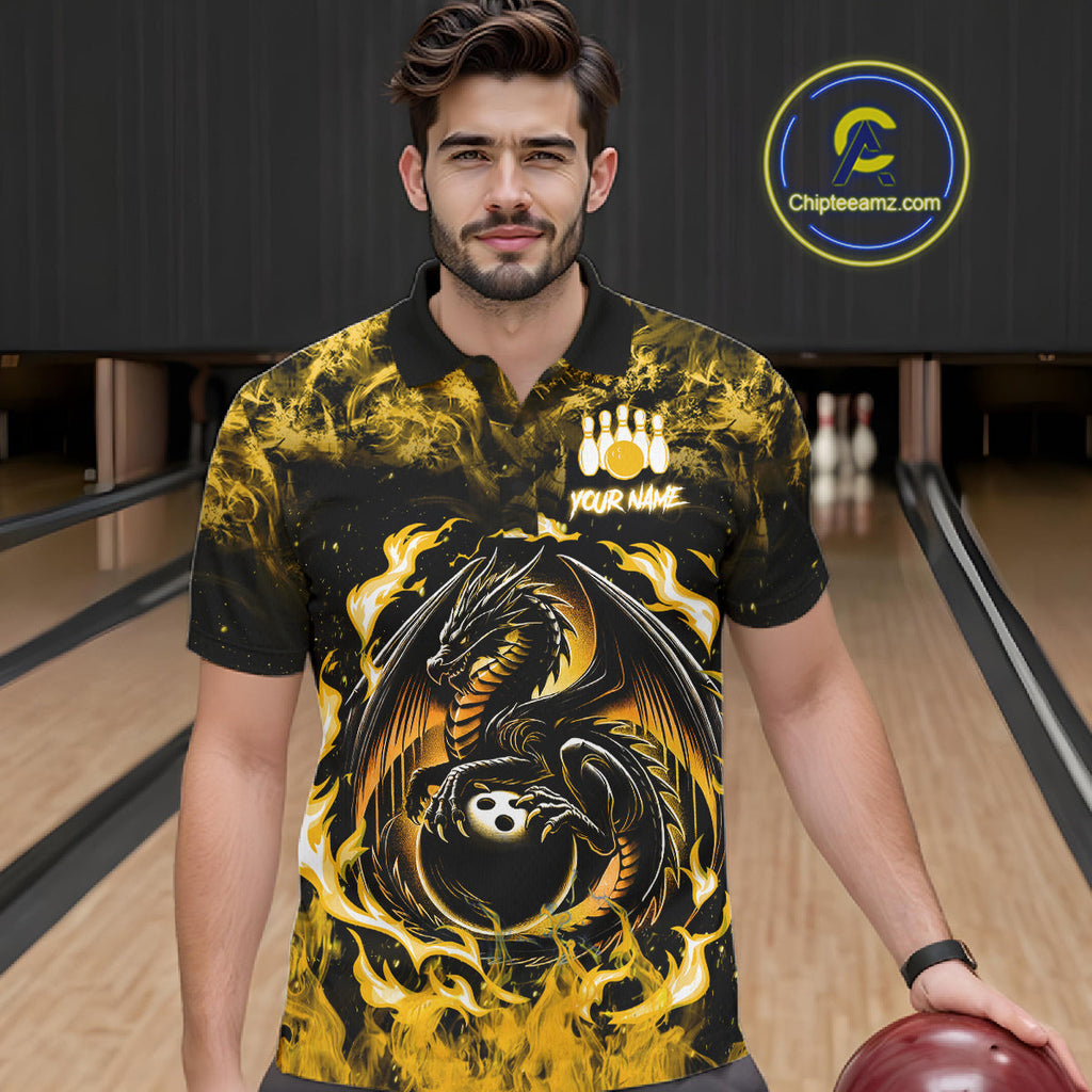 Black And Yellow Flaming Dragon Bowling Jersey Custom Bowling League Team Shirts