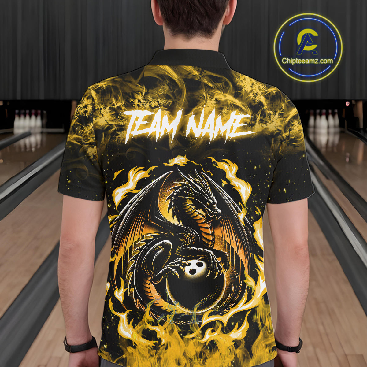 Black And Yellow Flaming Dragon Bowling Jersey Custom Bowling League Team Shirts