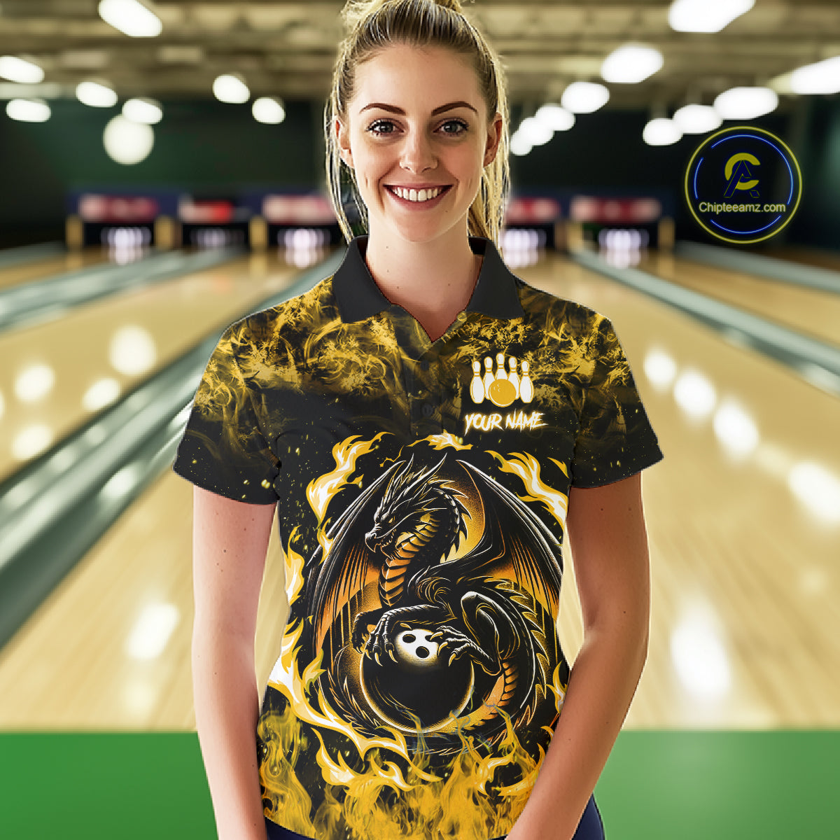 Black And Yellow Flaming Dragon Bowling Jersey Custom Bowling League Team Shirts
