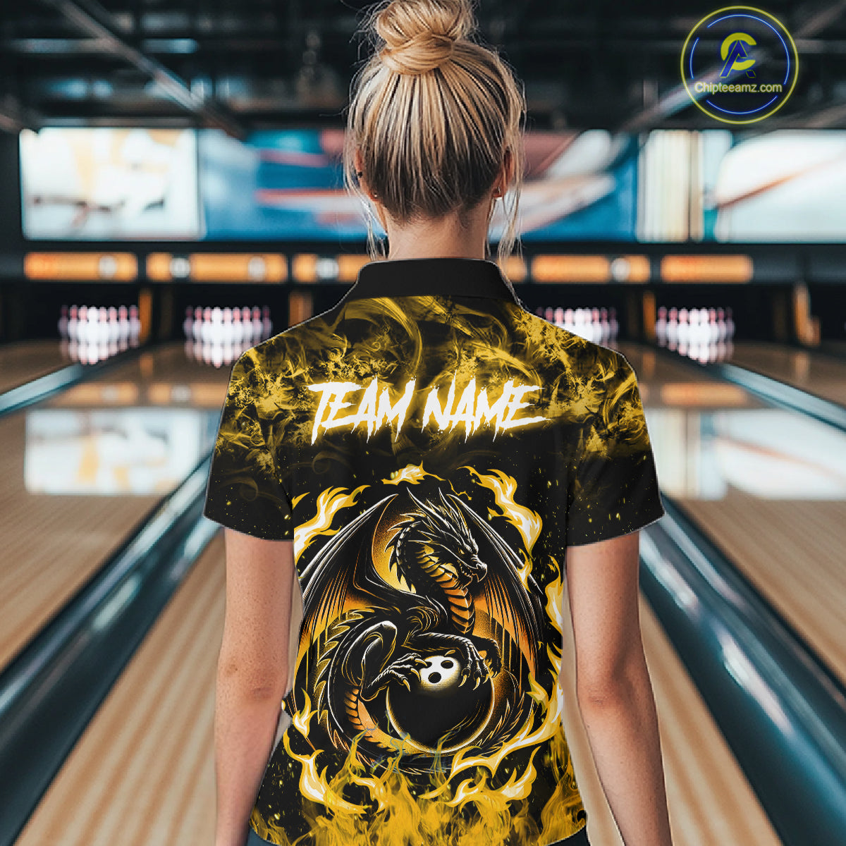 Black And Yellow Flaming Dragon Bowling Jersey Custom Bowling League Team Shirts