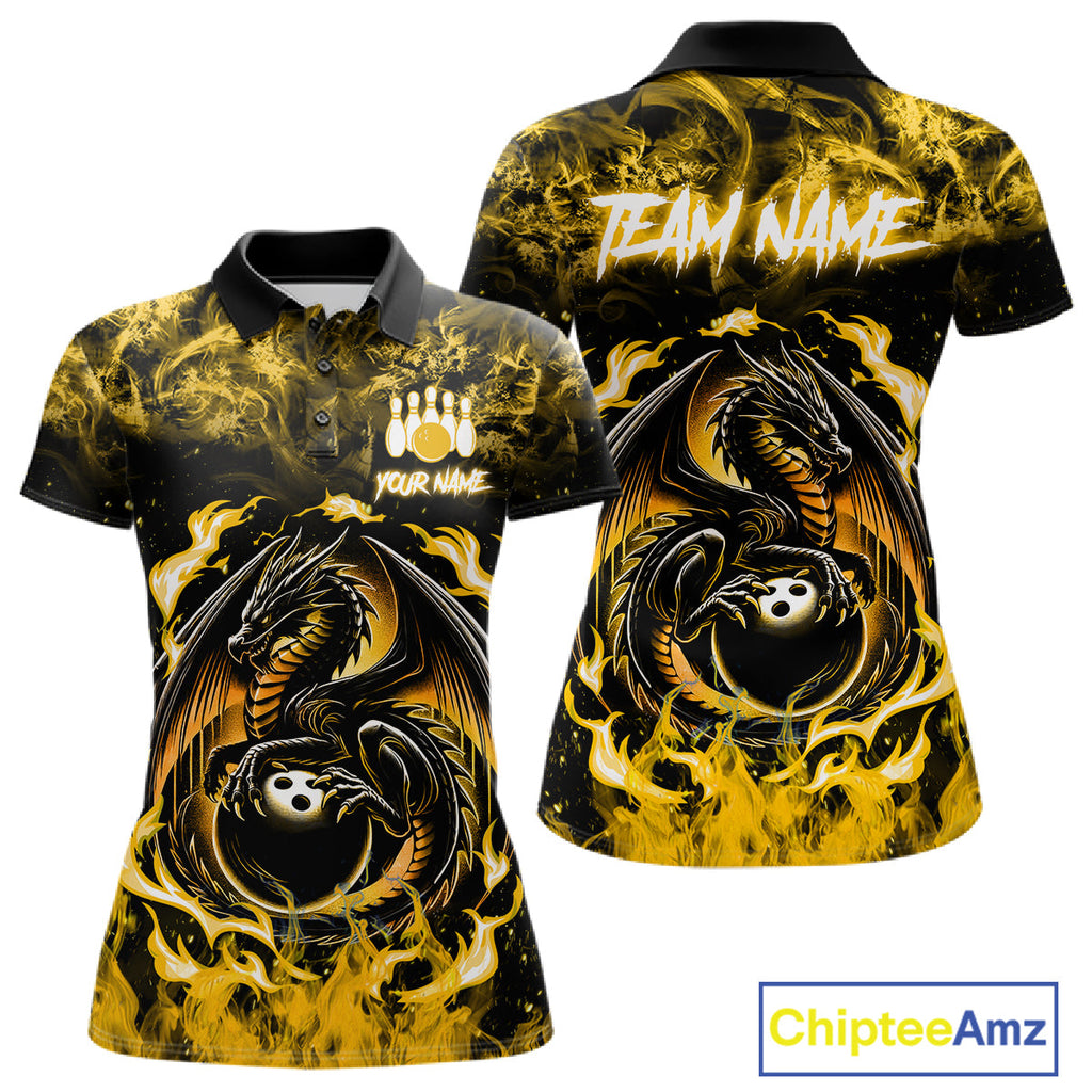 Black And Yellow Flaming Dragon Bowling Jersey Custom Bowling League Team Shirts