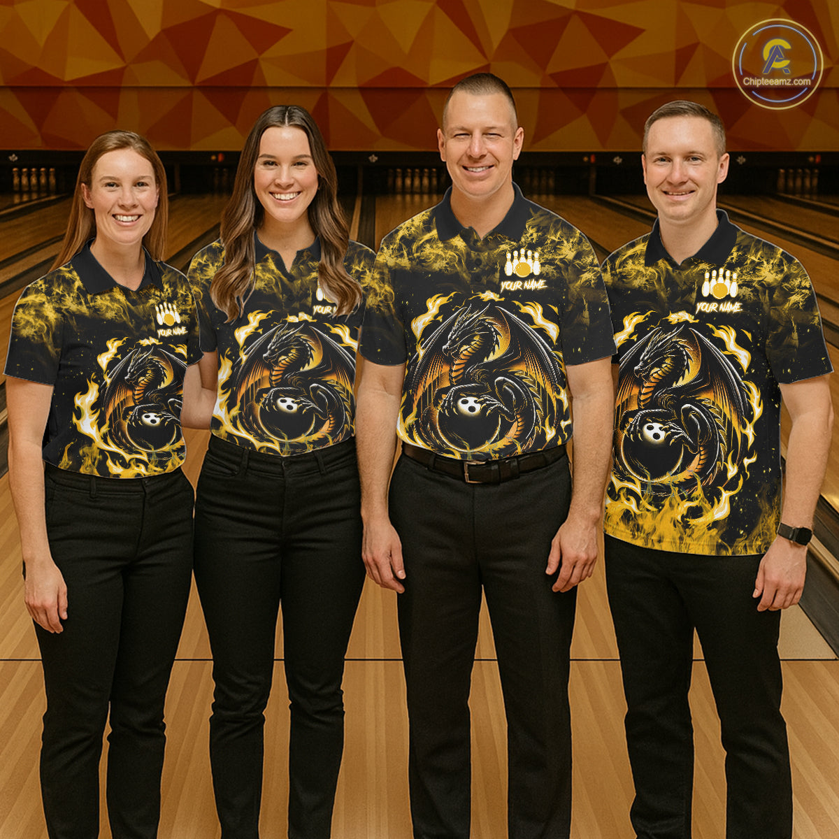 Black And Yellow Flaming Dragon Bowling Jersey Custom Bowling League Team Shirts