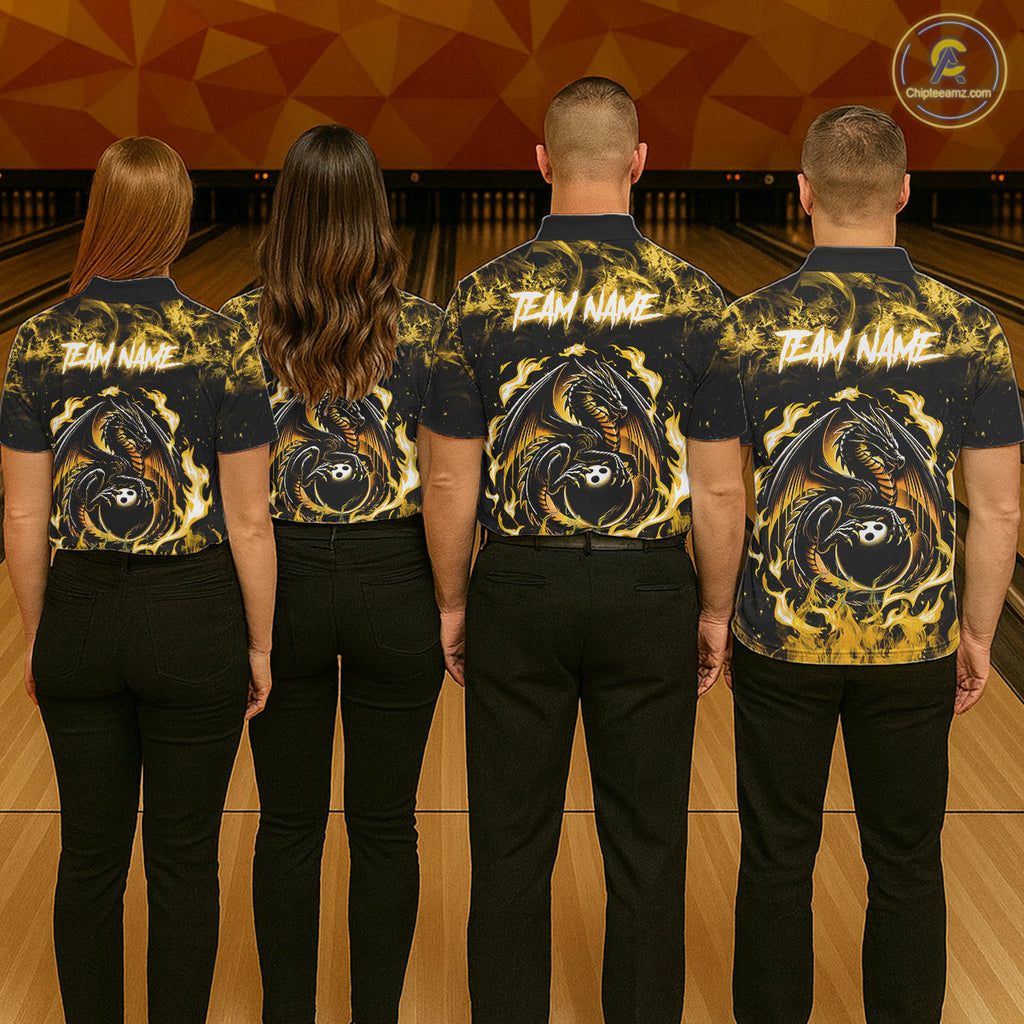 Black And Yellow Flaming Dragon Bowling Jersey Custom Bowling League Team Shirts