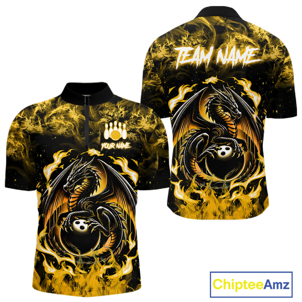 Black And Yellow Flaming Dragon Bowling Jersey Custom Bowling League Team Shirts