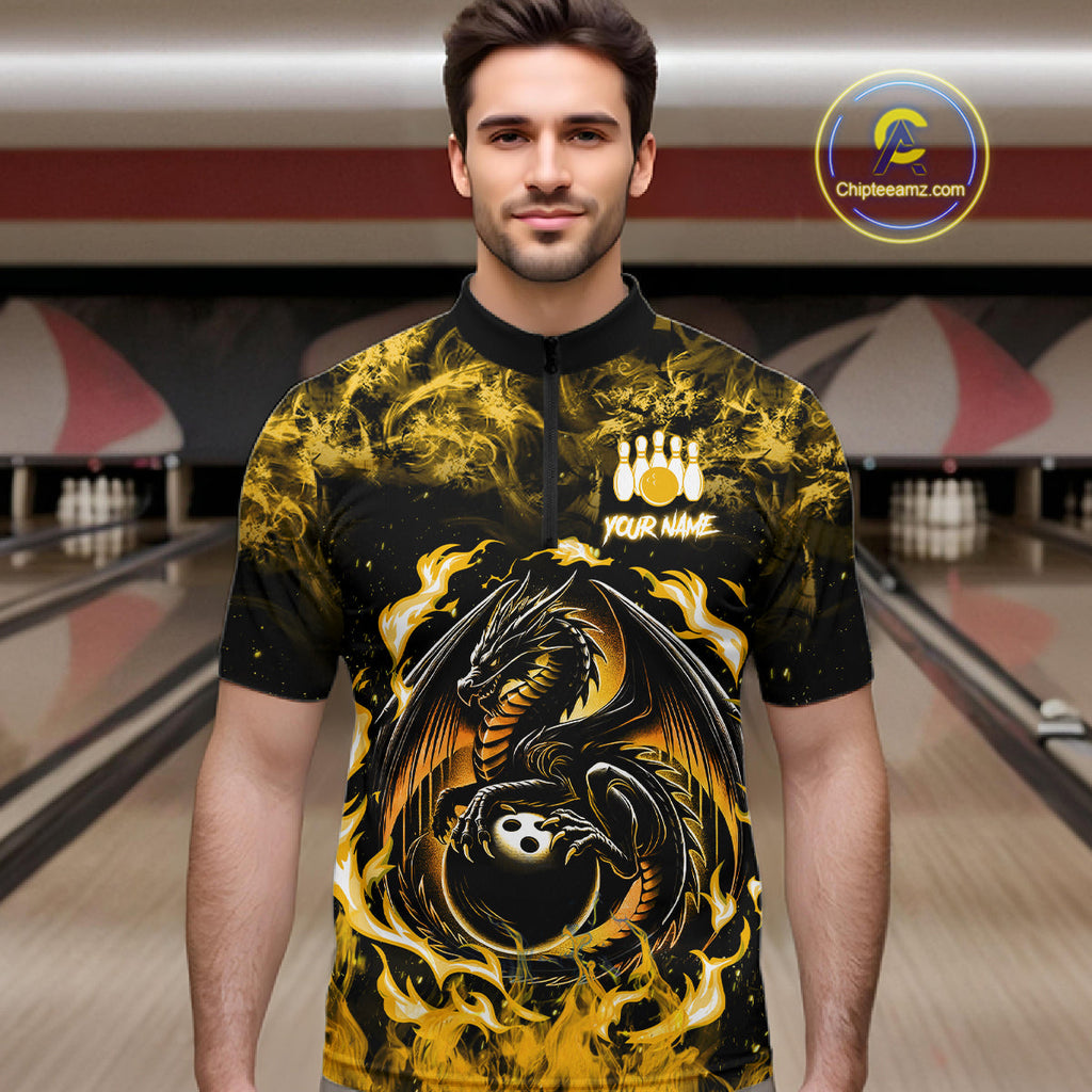 Black And Yellow Flaming Dragon Bowling Jersey Custom Bowling League Team Shirts