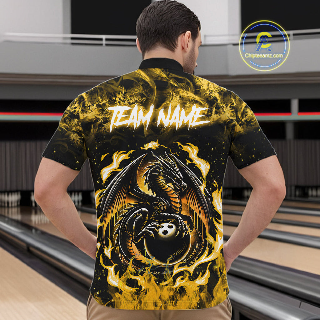 Black And Yellow Flaming Dragon Bowling Jersey Custom Bowling League Team Shirts