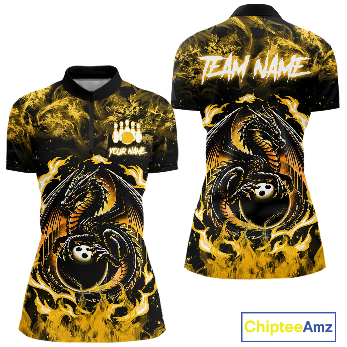 Black And Yellow Flaming Dragon Bowling Jersey Custom Bowling League Team Shirts