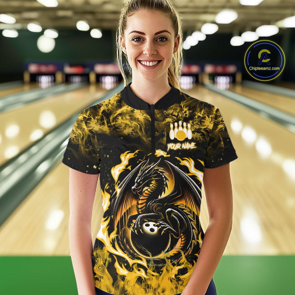 Black And Yellow Flaming Dragon Bowling Jersey Custom Bowling League Team Shirts