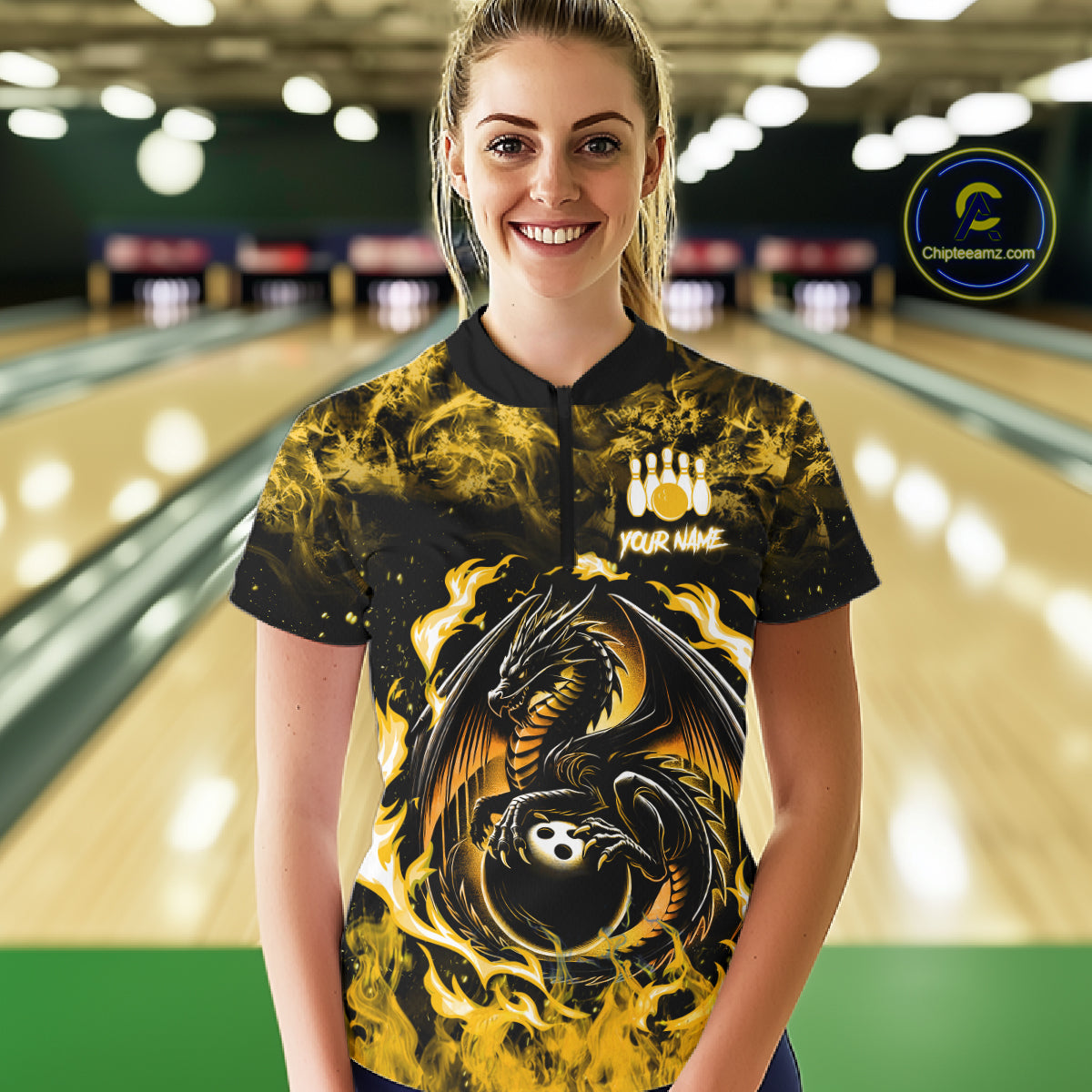 Black And Yellow Flaming Dragon Bowling Jersey Custom Bowling League Team Shirts