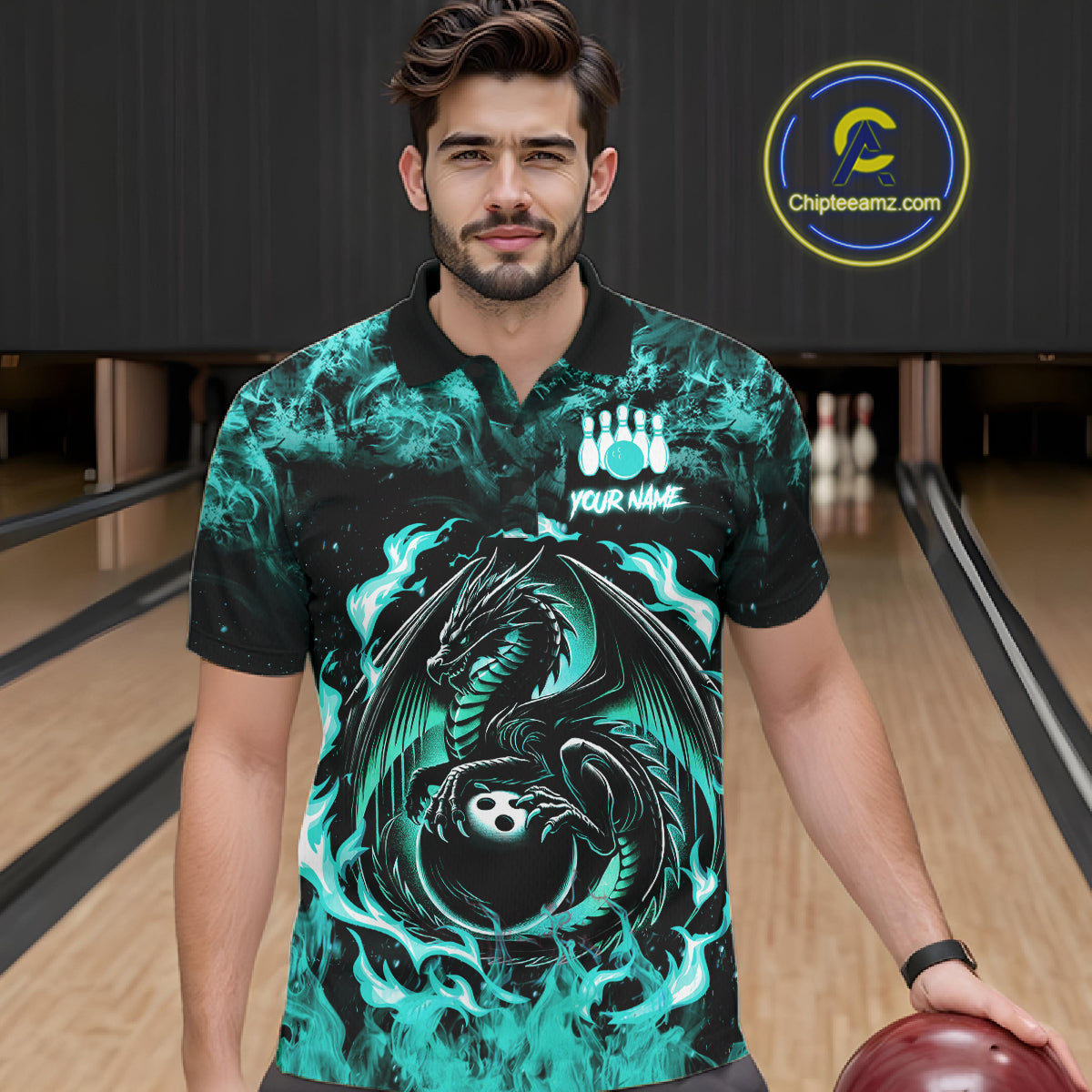 Black And Teal Flaming Dragon Bowling Jersey Custom Bowling League Team Shirts
