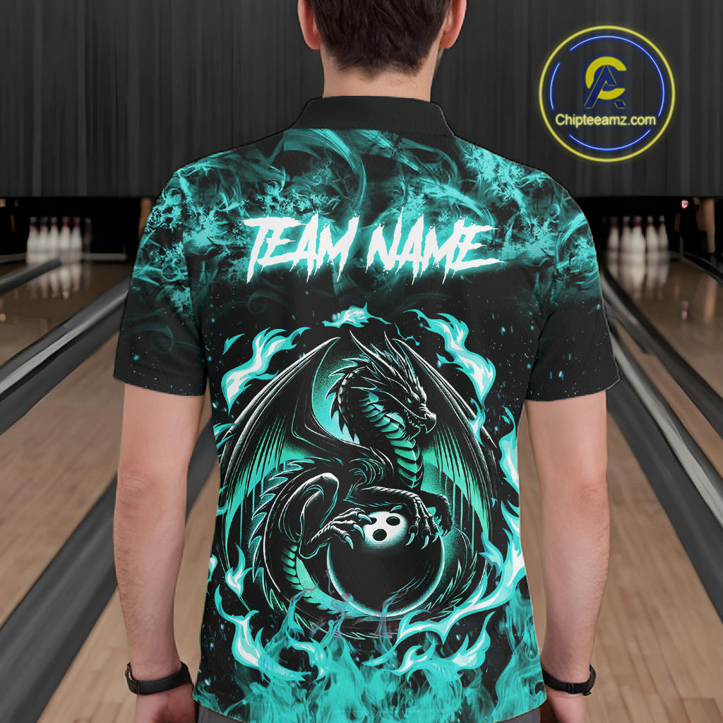 Black And Teal Flaming Dragon Bowling Jersey Custom Bowling League Team Shirts