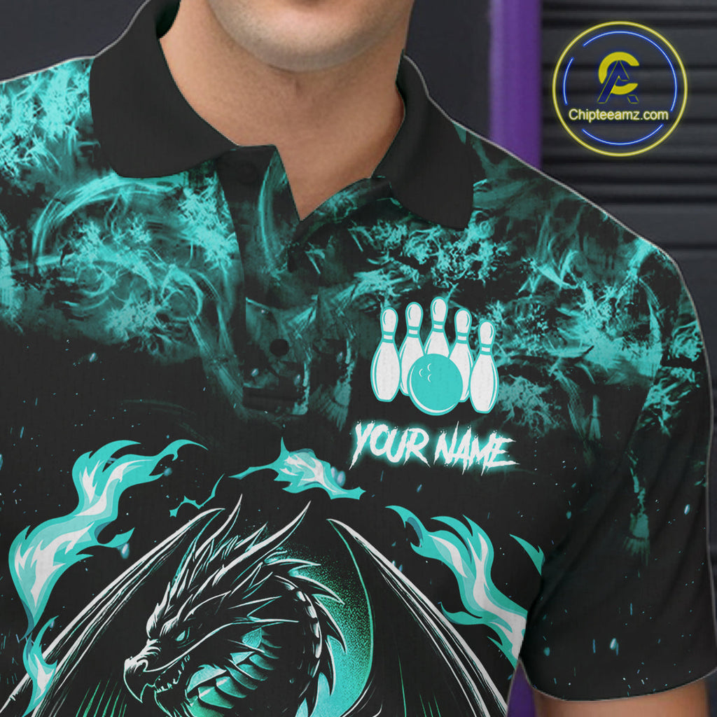 Black And Teal Flaming Dragon Bowling Jersey Custom Bowling League Team Shirts