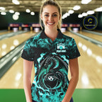 Black And Teal Flaming Dragon Bowling Jersey Custom Bowling League Team Shirts