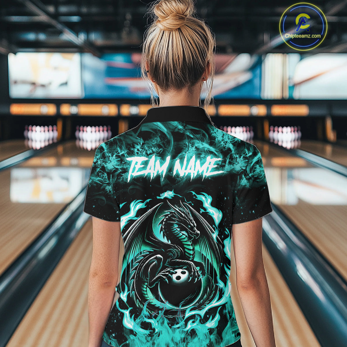 Black And Teal Flaming Dragon Bowling Jersey Custom Bowling League Team Shirts