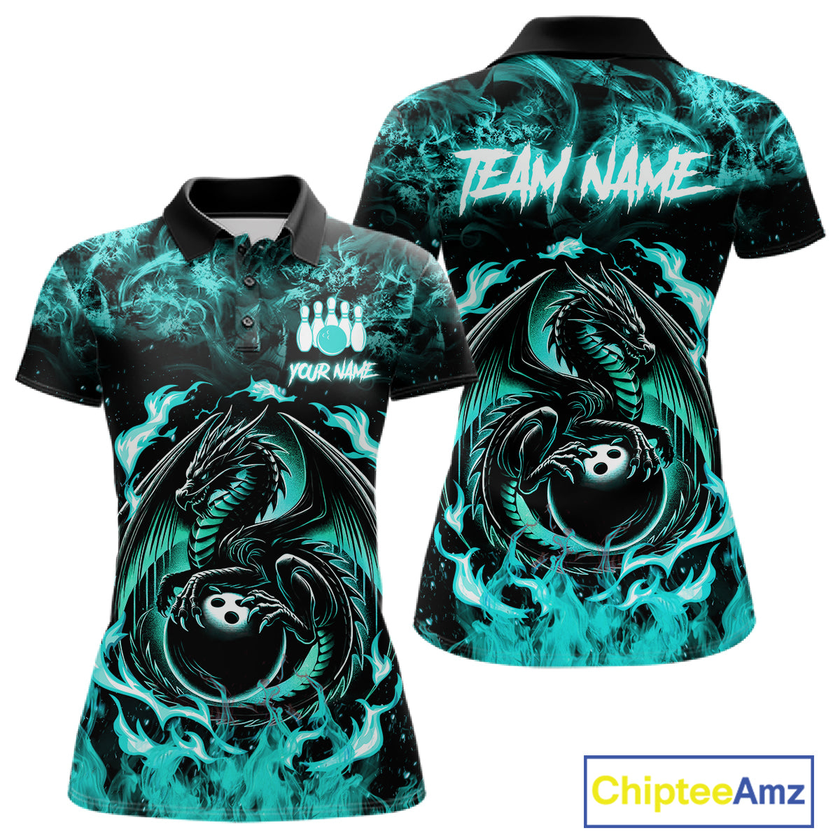 Black And Teal Flaming Dragon Bowling Jersey Custom Bowling League Team Shirts