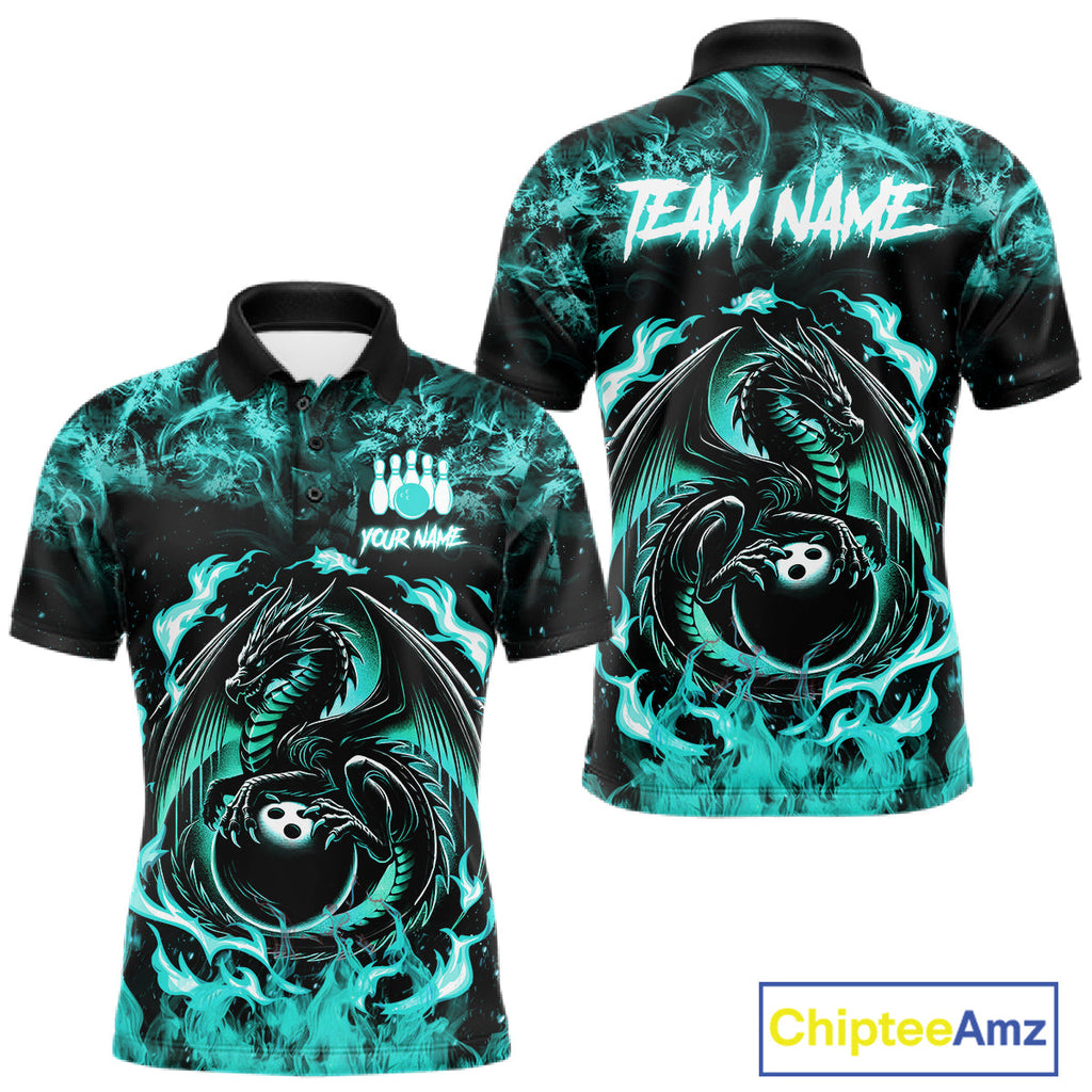 Black And Teal Flaming Dragon Bowling Jersey Custom Bowling League Team Shirts