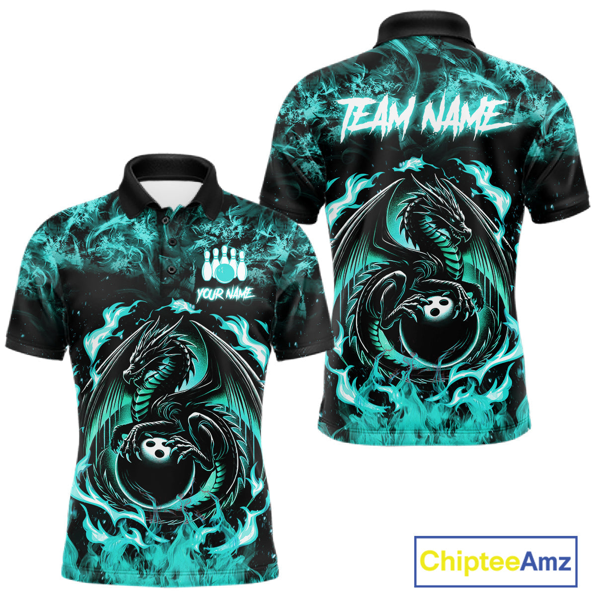Black And Teal Flaming Dragon Bowling Jersey Custom Bowling League Team Shirts