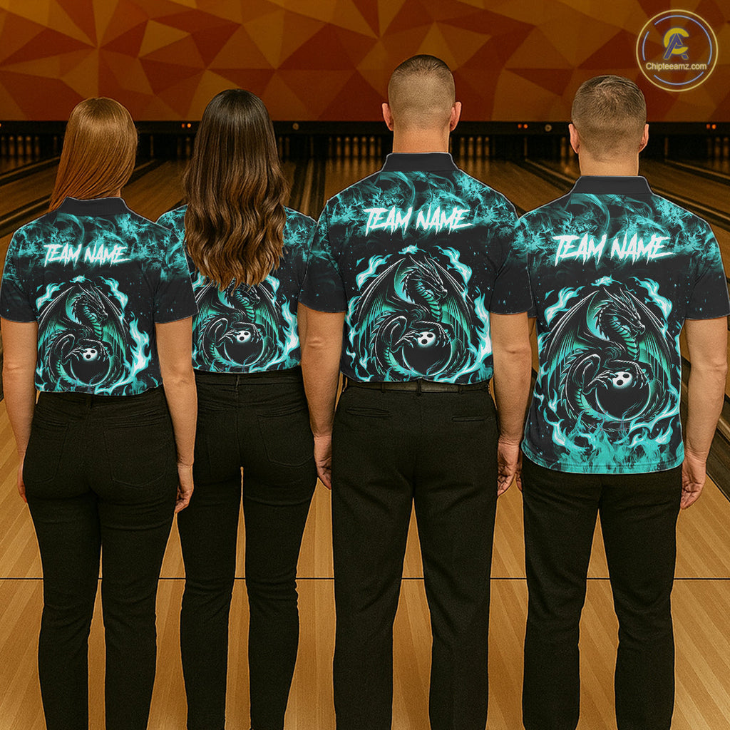 Black And Teal Flaming Dragon Bowling Jersey Custom Bowling League Team Shirts